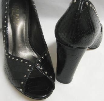 TALBOTS Priya3 $149 BLACK PUMPS OPEN TOE SNAKE CROC LEATHER SILVER 