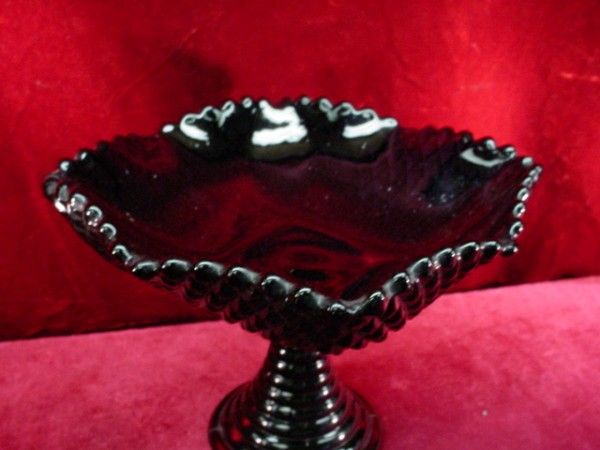 Vintage PLUM BLACK GLASS FOOTED COMPOTE Candy Dish  