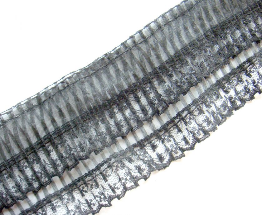 C210 3 Black Ruffle Lace Edge Fringe Trim x 10 Yard  