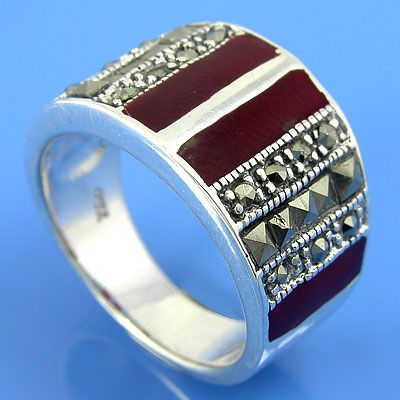 925 Sterling Silver Marcasite MOP Red Ring (YSR 138 3)  