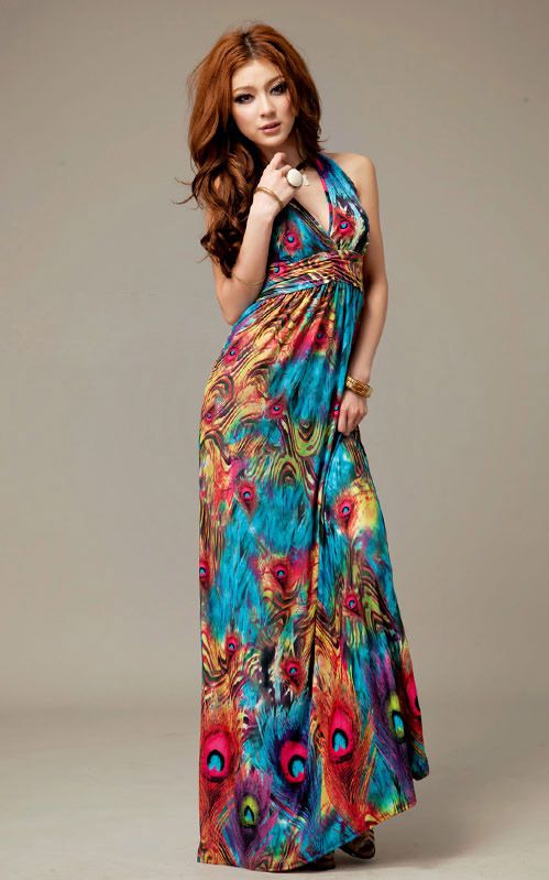   SEXY V NECK HALTER MAXI DRESS PEACOCK WOOL PATTERN 1752  