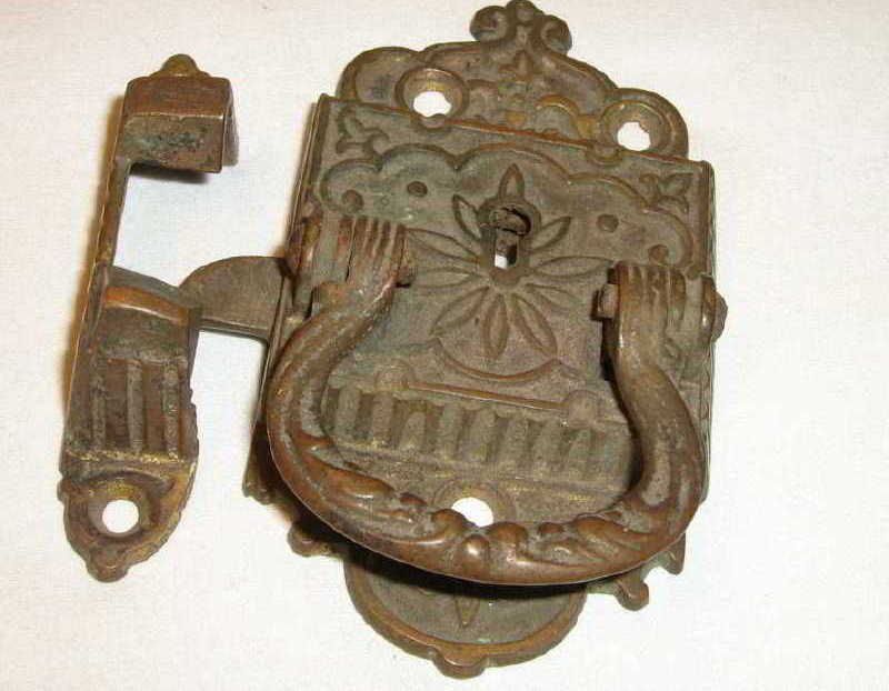 Antique Ornate Ice Box Hardware Brass Latch Hinge Set  