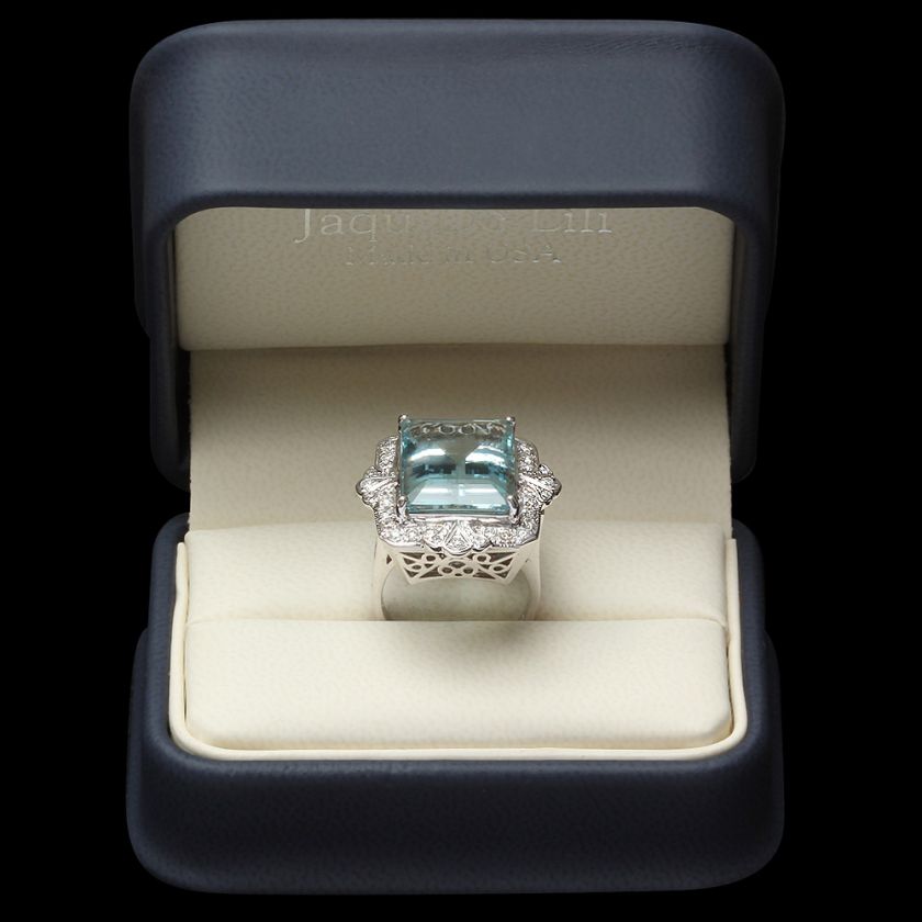 21800 CERTIFIED 14K WHITE GOLD 15CT AQUAMARINE 0.65CT DIAMOND RING 