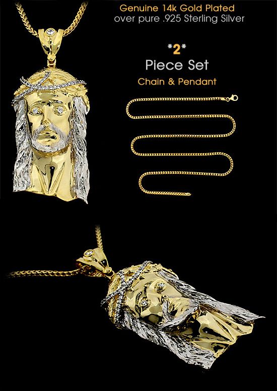 New Gold On Silver Jesus Face Pendant & Franco Chain  