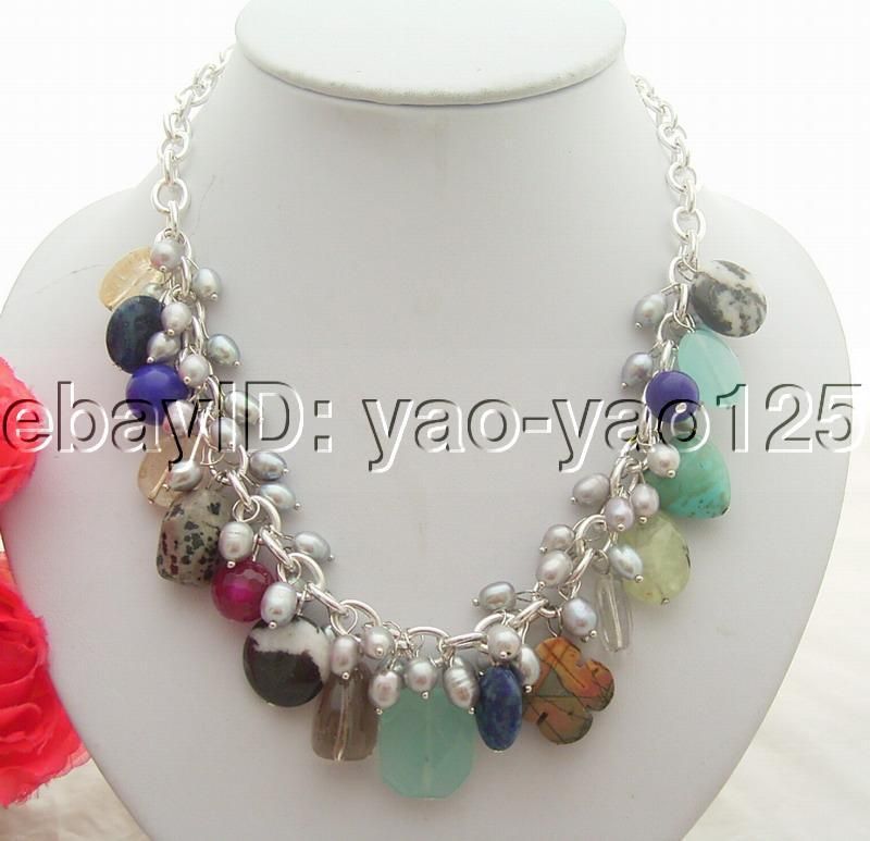 Stunning Pearl&Smoky Quartz&Agate&Lapis Necklace  