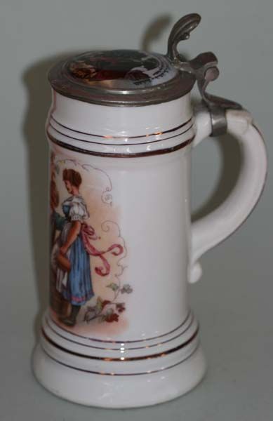 LIDDED PORCELAIN BEER STEIN w. BOTTOM PICTURE c. 1860  