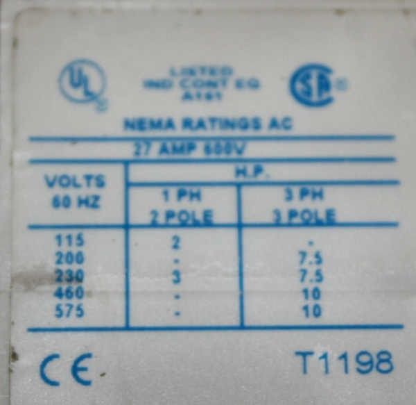 Cutler Hammer   NEMA Size 1 CONTACTOR 10HP 27A CN15DN3  