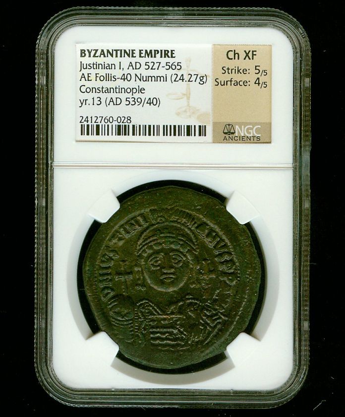   xf ad 527 565 ae follis 40 nummi 24 27g constantinople yr 13 ad 539 40