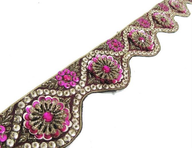 Yd Cut Work Pink Hand Beaded Trim Ribbon Gold Sequin  