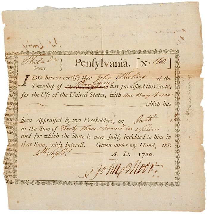 Revolutionary War Horse Purchase Bond, PA, 1780  