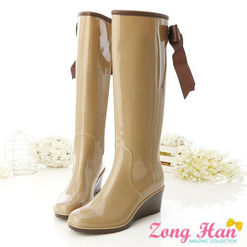 Womens Rubber Bow Tie Beige Wellies Rainboots Free S&H  