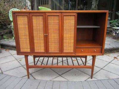 DANISH MODERN WALNUT AND CANED BAR CABINET MID CENTURY WITH ONE DRAWER 