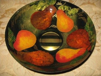 HANDCRAFTED DECOUPAGE & GILT ART GLASS BOWL DECORATED WITH PEARS 