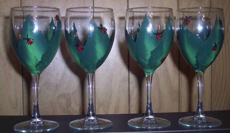 Hand Painted Ladybug on Green Leaf Wine Glasses set 4  