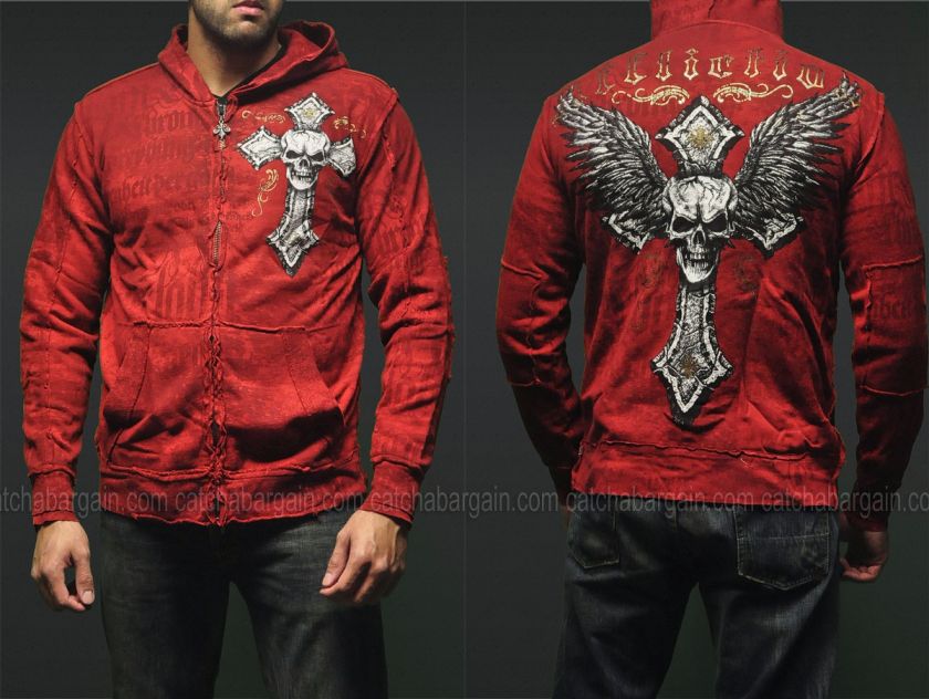 Affliction Hoodie Saints Rosary Cross LA Zip Up Hood Sweatshirt Red S 