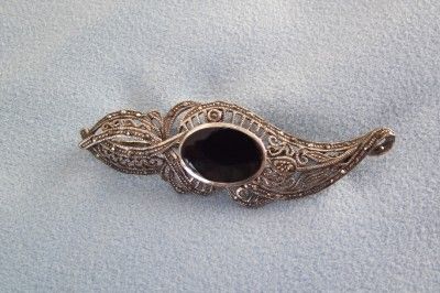 Vintage Sterling Silver Brooch Pin Genuine Onyx Marcasite Art Nouveau 