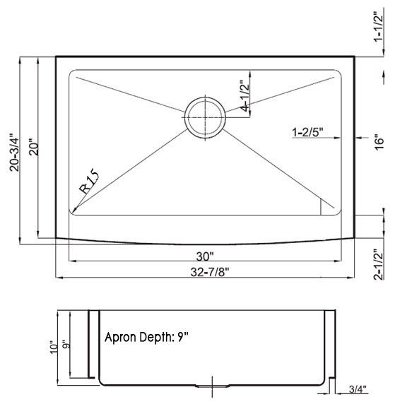 33 Stainless Steel Single Bowl 15mm Radius Apron Kitchen Sink  