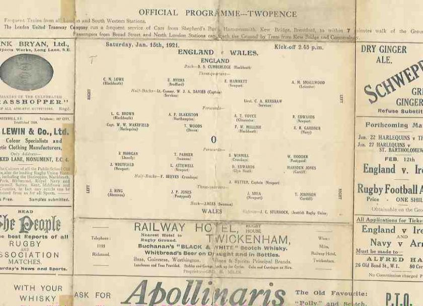 ENGLAND v WALES 1921 RUGBY PROGRAMME + TICKET 15 JANUARY   TWICKENHAM 