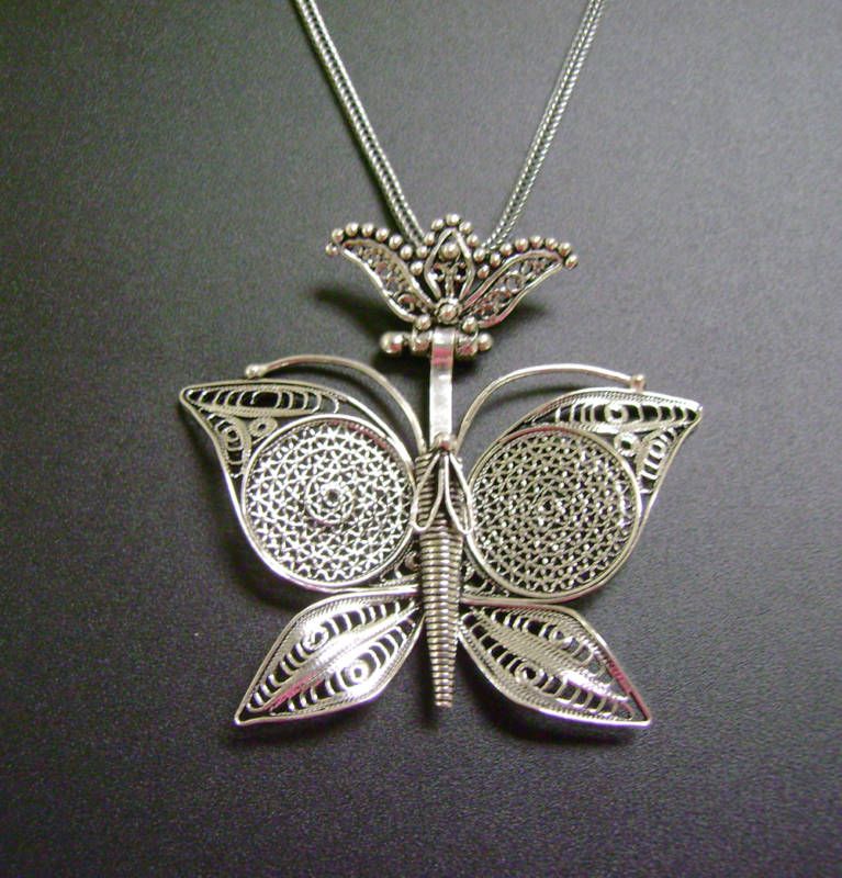 SILVER ARTISAN FILIGREE BUTTERFLY PENDANT /SILVER CHAIN  