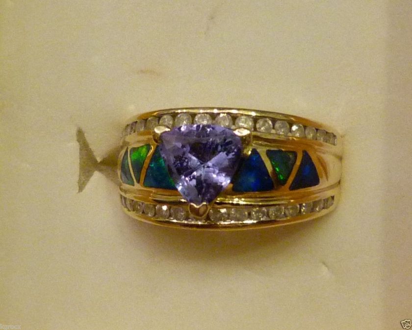 14KT 1.60 CTW TRILLION TANZANITE INLAY OPAL & GENUINE DIAMOND RING 