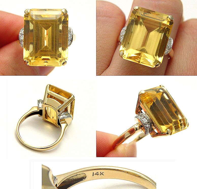 ANTIQUE ART DECO OVER 12CT CITRINE EUROPEAN CUT DIAMOND SOLID GOLD 