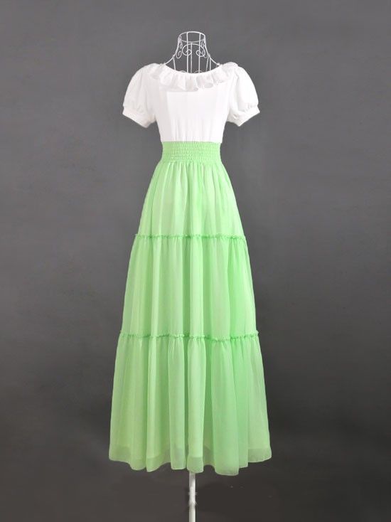   White Green Flounce Flare Skirt Maxi Full Dress S M L XL  