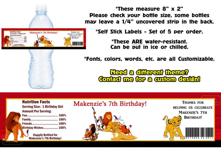 The Lion King Movie Printed Water Bottle Labels ~ Birthday Party 