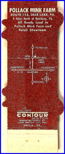 1950s Pollacks Mink Farm Contour Matchcover  Deer Lake (PA)  