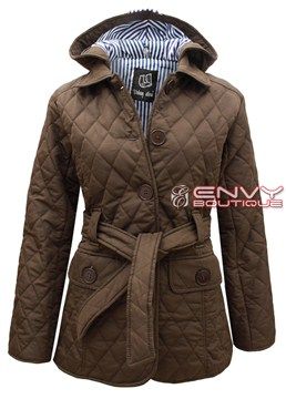 NEW WOMENS LADIES QUILTED PADDED BUTTON HOODED WINTER BELTED JACKET 