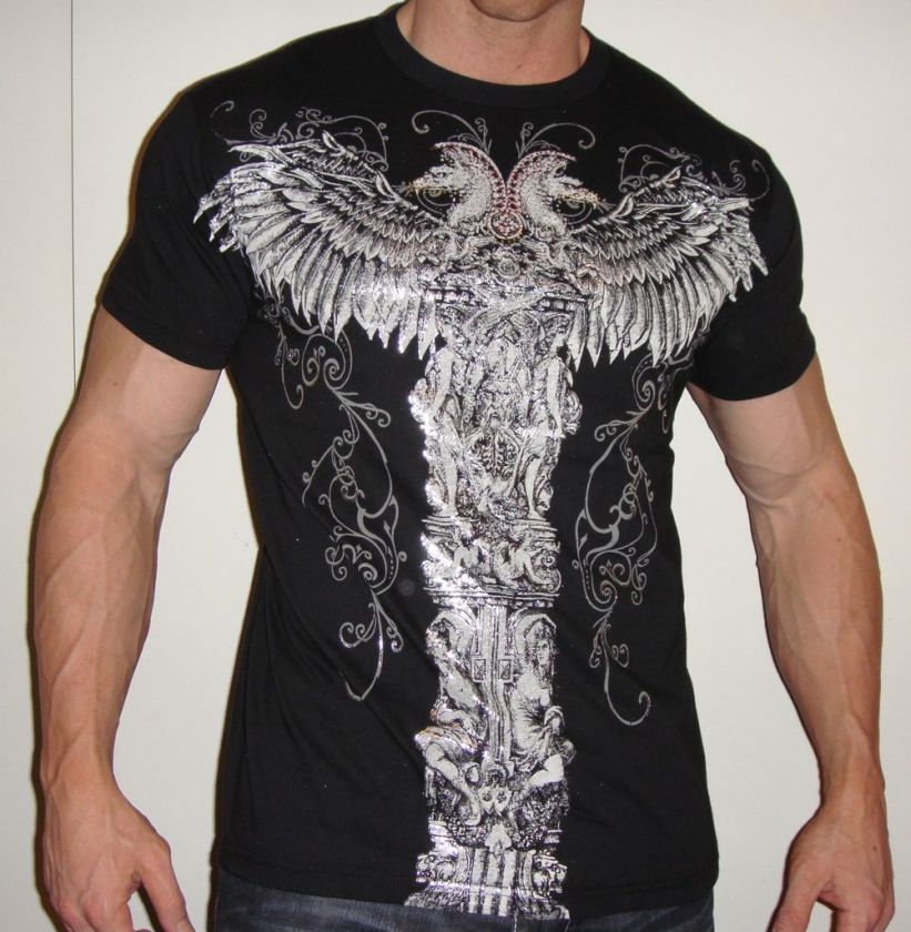 STATUE OF FAITH MENS BL T SHIRT MUSCLE RHINESTONES MMA  