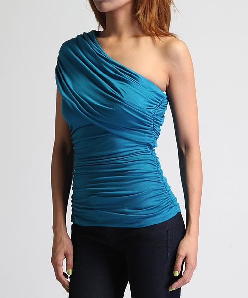 MOGAN Draped Shirring Jersey One Shoulder BODY CON TOP Stretch 