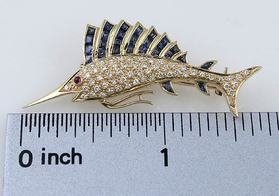 STRIKING 14K GOLD DIAMOND SAPPHIRE RUBY SWORDFISH PIN  