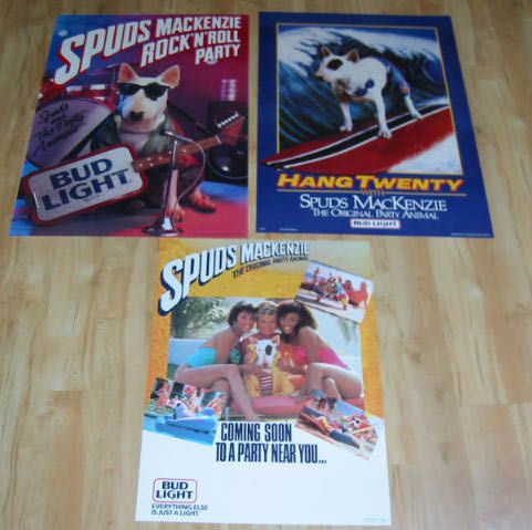 Old 1980s SPUDS MACKENZIE Budweiser BEER POSTERS  