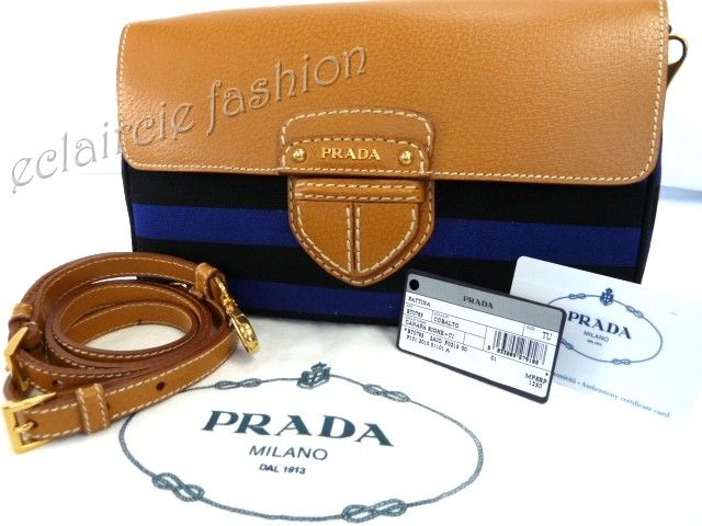 PRADA Canapa Righe Blue Canvas Leather Flap Bag NEW  