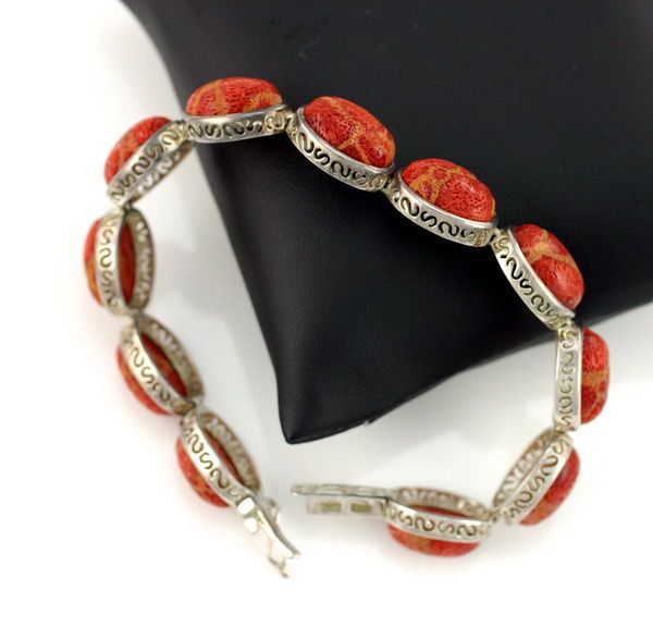 Sponge Coral Orange Cabochon Linked Sterling Silver Bracelet 925 