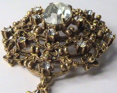 LARGE GOLD DOMED VINTAGE FLORENZA SIGNED DANGLE CRYSTAL RHINESTONE 