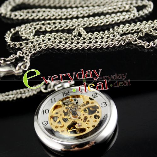 Polish Vintage Silver Steel Case Pocket Watch Men Gold Skeleton 