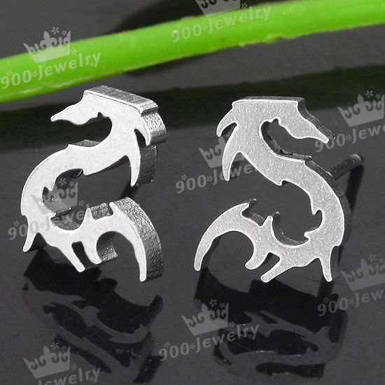 Silvery Stainless Steel Screw Back Dragon Mens Ear Stud Earring 