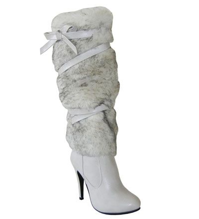 Trendy City Look Faux Fur Double Wrapped Straps Knee High Heel Boots 