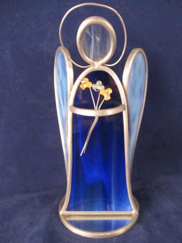 HANDMADE COBALT BLUE STAINED GLASS ANGEL FIGURINE 7 3/4 TALL 
