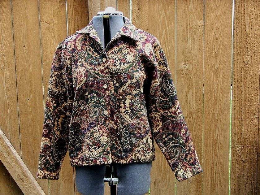 COLDWATER CREEK Burgundy & Green Tapestry Jacket Sz XS  