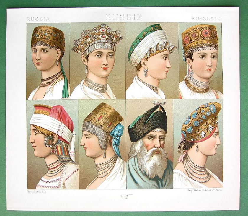 RUSSIA Costume of Girls Geaddresses   1888 COLOR Print A. Racinet 