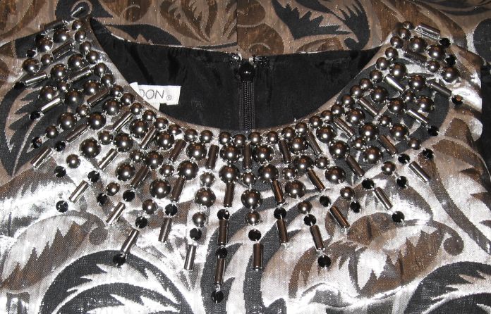 MAGGY LONDON Black silver Tribal Leaf Brocade Sheath DRESS sz 10 $168 