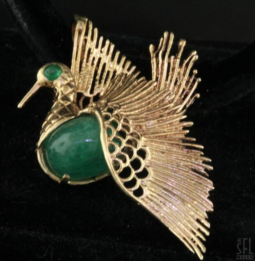 HEAVY 14K GOLD 12.0CT EMERALD SWAN DESIGNER PIN/BROOCH/PENDANT  