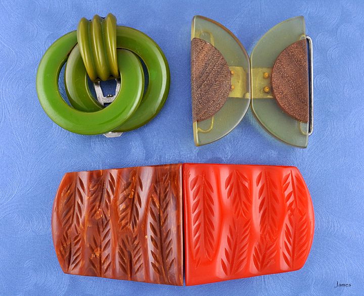 Genuine Bakelite Buckles 1 Clip; 1 with Wood Detail  