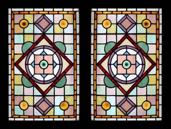 ORNATE VICTORIAN PAIR ANTIQUE STAINED GLASS WINDOWS  