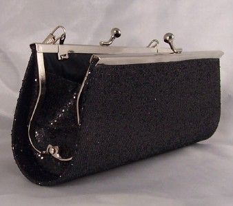 BLACK GLITTER EVENING BAG PARTY CLUTCH PURSE w/ CHAIN  