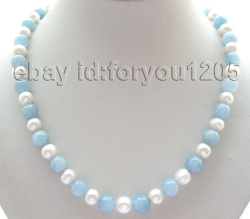   10mm White Pearl Green Aquamarine Necklace Bracelet Earrings SET