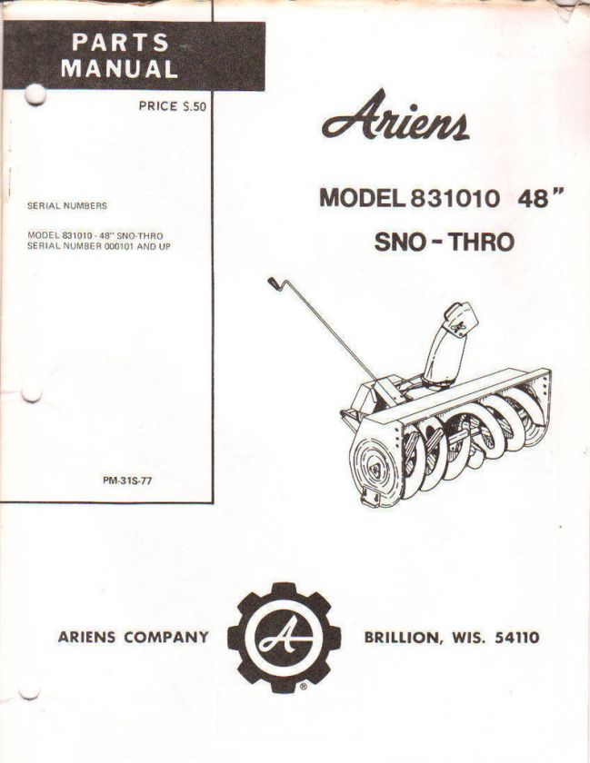 Ariens 831010 48 inch Snowblower Parts Manual  