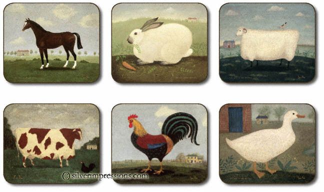 RURAL ANIMALS JASON HARDBOARD & CORK COASTERS SET 6  